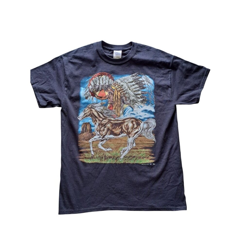 Native American Horse Graphic Black T-Shirt M Gildan Cotton 1990s Vintage Unisex